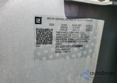 2018 Chevrolet Impala Lt z USA, uszkodzony, nr VIN 2G1105S33J9163802